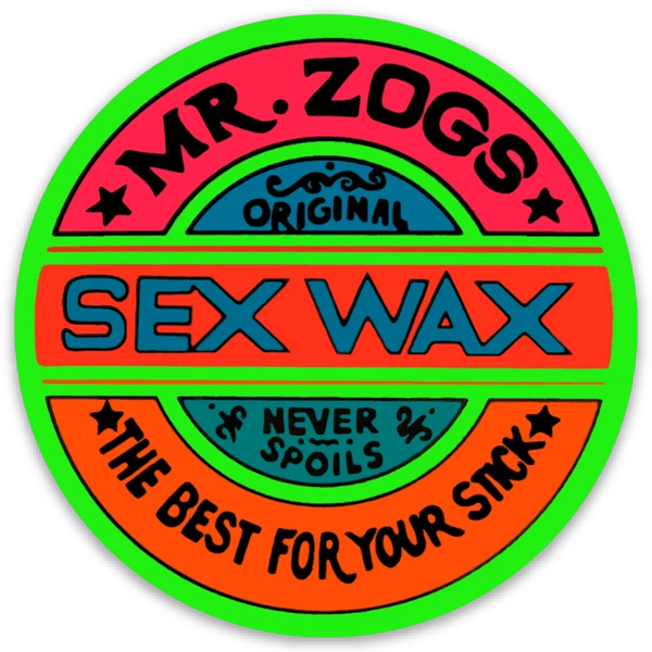 Mr Zog's Sex Wax - Red / Blue w/ Neon Green border Die Cut Round STICKER!