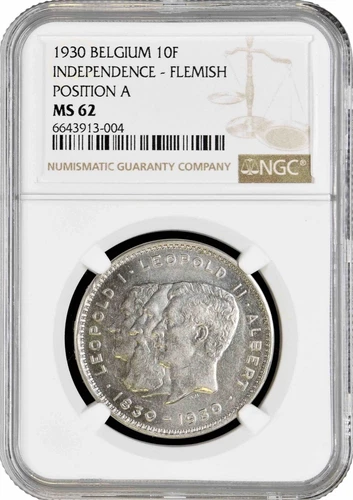 Belgium 10 francs 1930 Flemish - Pos A, NGC MS62, "100th Anniv. - Independence"