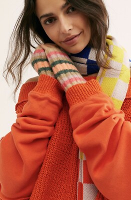Free People Arm Warmer Fingerless Gloves Ribbed Striped Green Pink Tan NEW