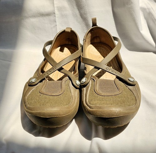 Crocs Celeste Mary Jane gekreuzte Riemen Schuhe Slipper braun Canvas Damen Größe 8 - Bild 2 von 10