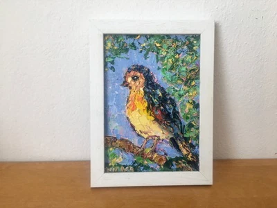 Gelber Vogel Porträt Impasto Ölgemälde auf Malkarton Tierkunst Gerahmtes Gemälde - Bild 1 von 4