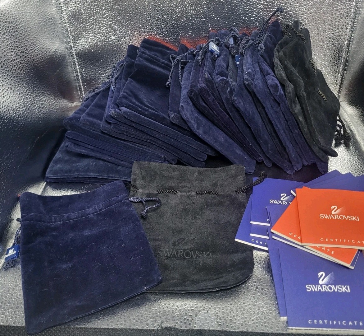 Lot Of 50 Swarovski Blue Black Velvet Dustbags Pouches Certificate Booklets