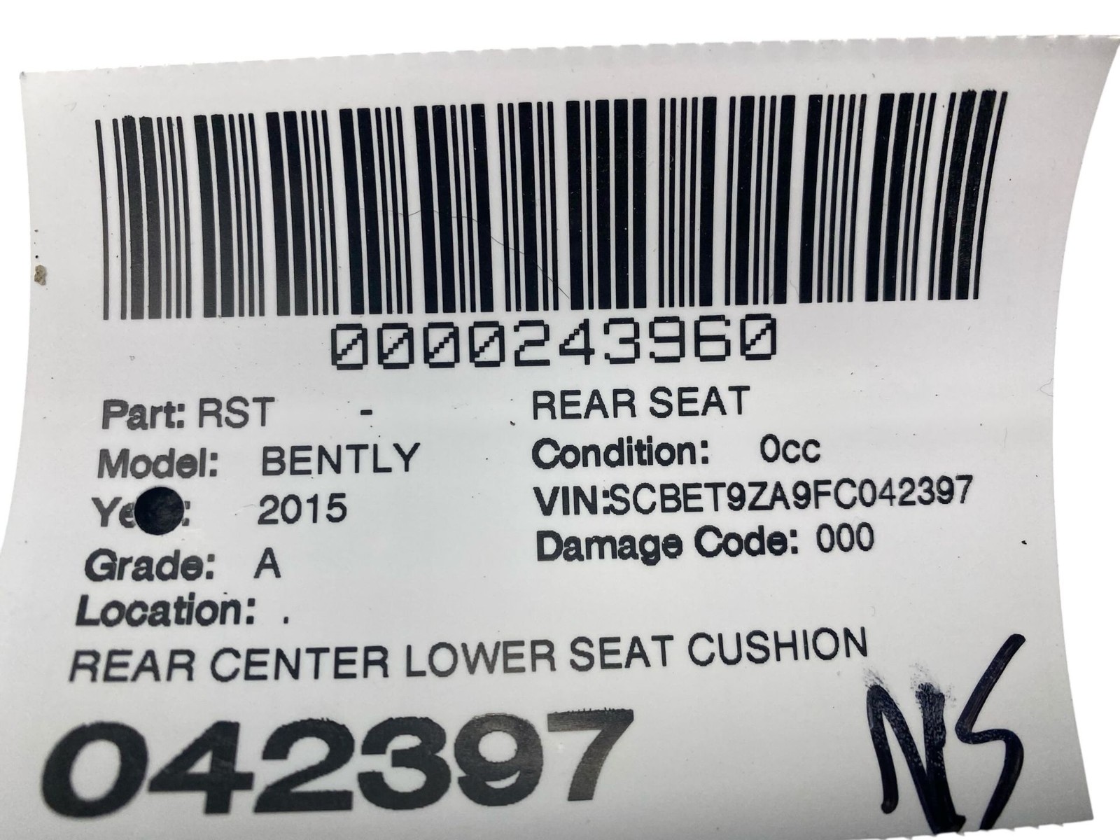 2013-2019 BENTLEY FLYING SPUR 4W 223B REAR CENTER LOWER SEAT CUSHION *INDENTS*
