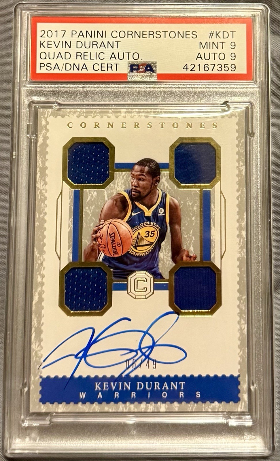 2017 KEVIN DURANT Panini Cornerstones Quad Relic Auto #/49 (PSA/DNA) MINT 9