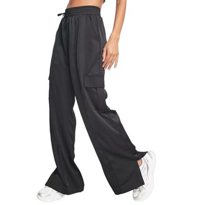 Kaiia Satin Wide Cargo Pocket Trouser in Black, Size 4