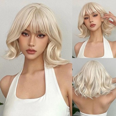 HENRY MARGU Short Wavy Synthetic Wigs Natural White Wigs with Bangs for Women Da