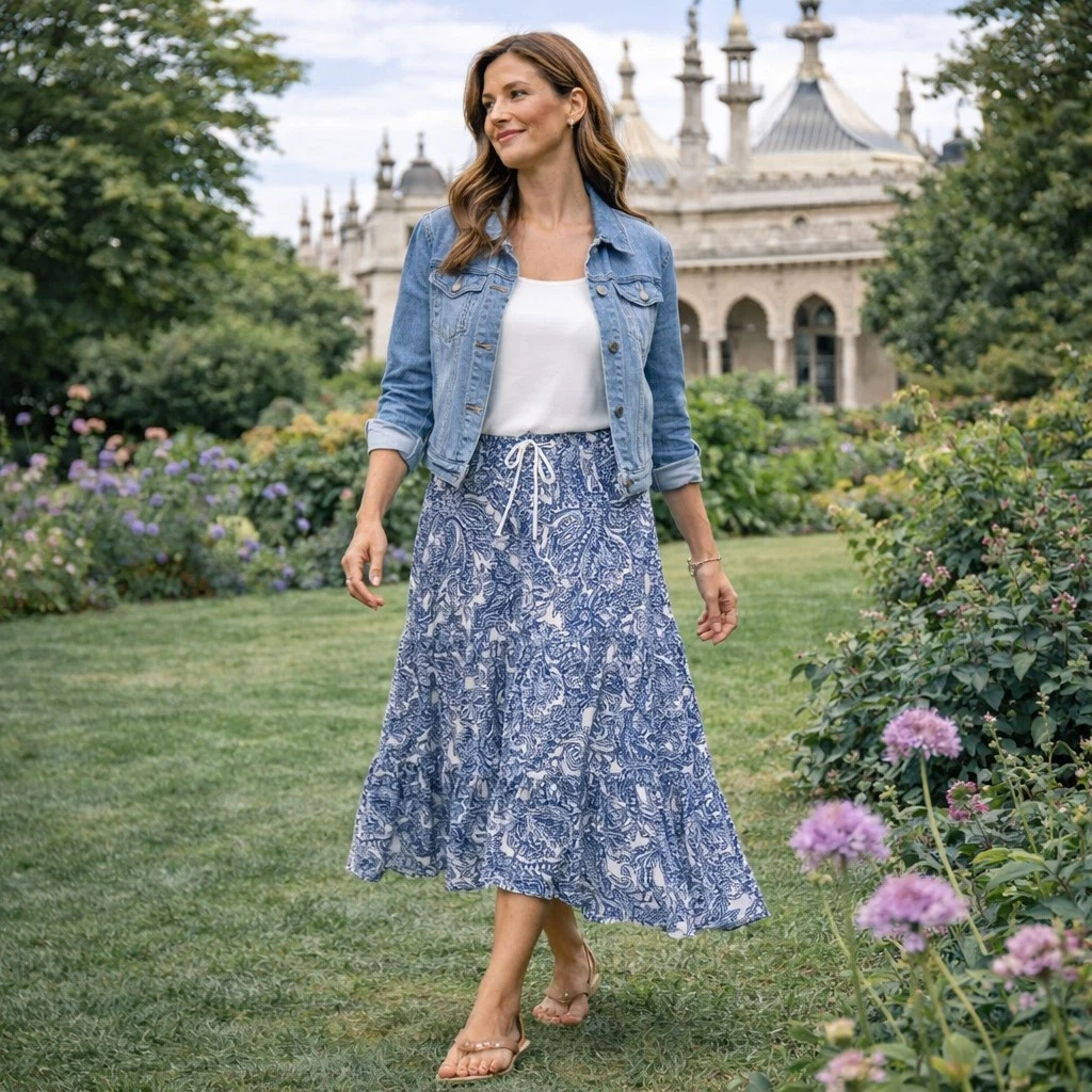 Jones New York Linen Blend Midi Skirt XL UK 16-18 Blue White Paisley Tiered