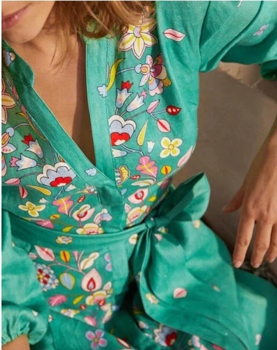 BODEN ADDIE GREEN 100% LINEN FLORAL BELTED MIDI SHIRT DRESS- SIZE 16/18R - Image 4 of 4