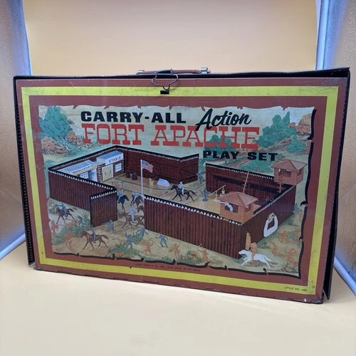 1967 MARX Fort Apache Play Set Tin Lithograph Carry Case With Indians & Cowboy’s