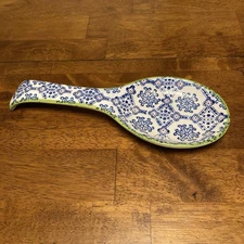 Ceramic Spoon Rest Blue White Green Floral Pattern Kitchen Dish Decorative