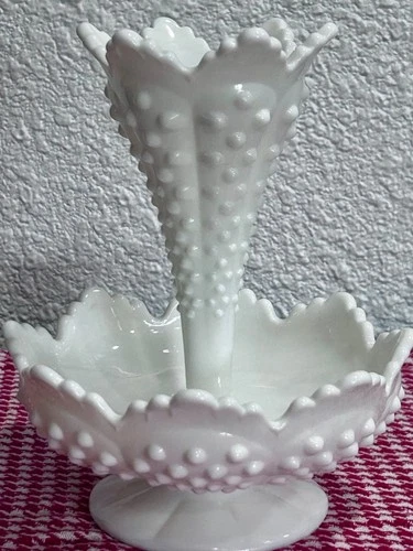FENTON HOBNAIL MILK GLASS EPERGNE WITH SINGLE HORN SCALLOPED SIGNED