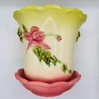 Vintage Hull Art Pottery Fuchsia Planter Pot Attached Saucer C911 5 1/2 Glossy