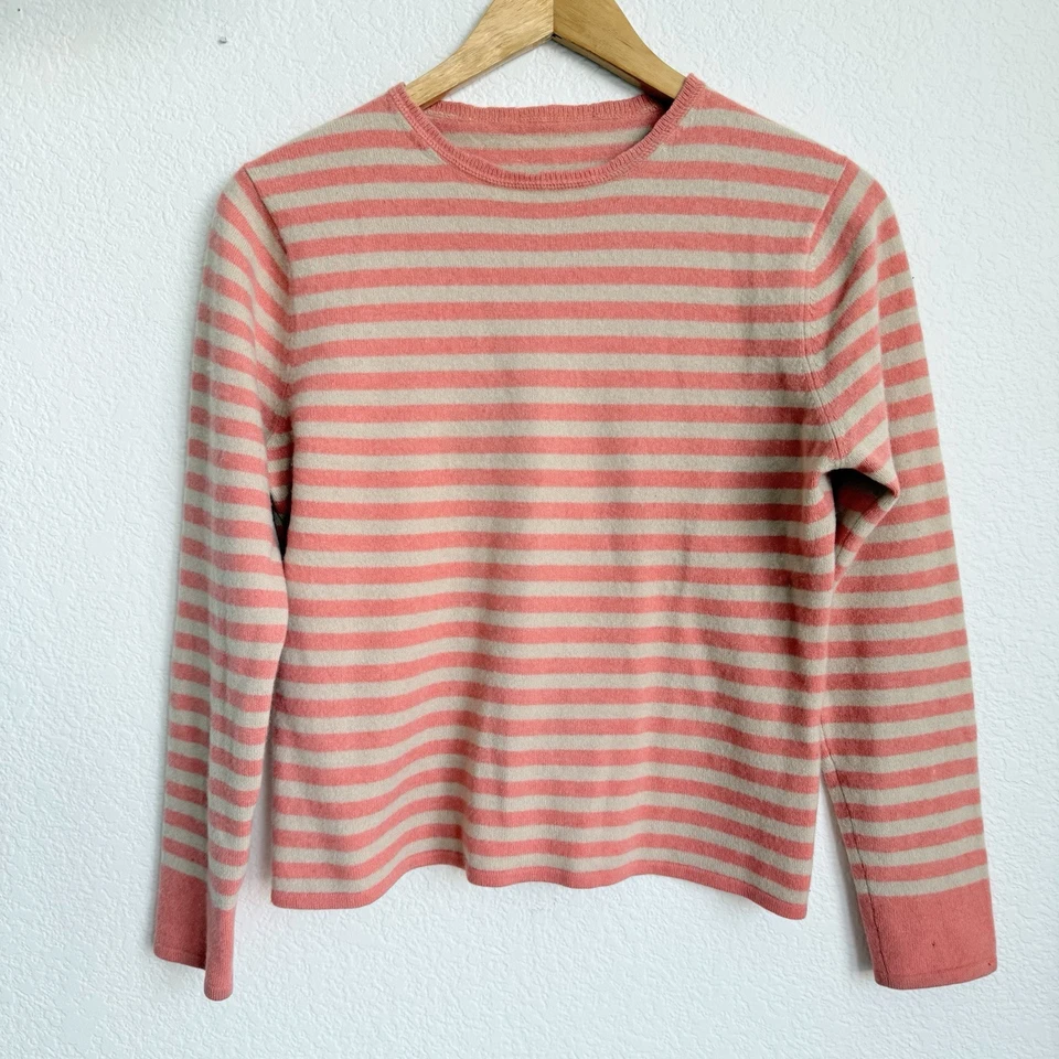 Iris Von Arnim Women's Coral/Tan Stripe Cashmere Knit Sweater size S (?) Crew - Image 2 of 4