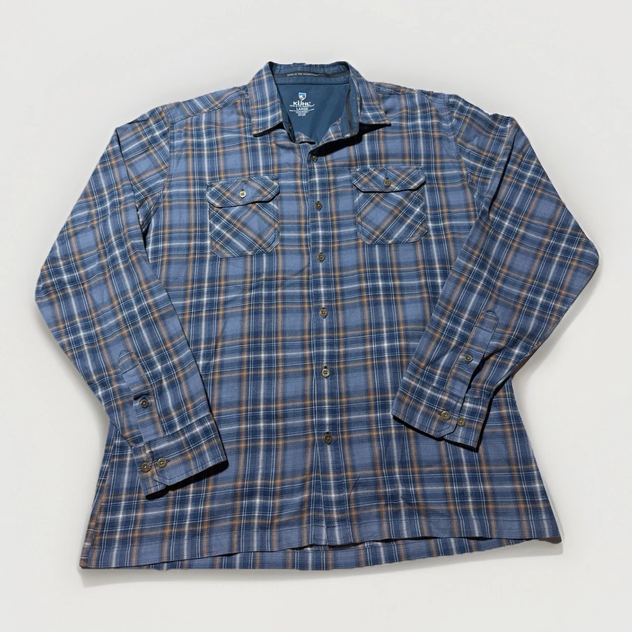 KUHL Mens Blue/Brown Plaid Dillingr Flannel Button Down Outdoor Shirt Sz Large