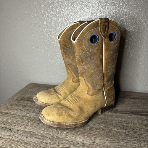 Justin Brown Beige Leather Square Toe Western Boots Boy's Youth Size 1.5D Cowboy - Picture 2 of 11