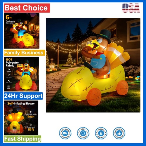 Cute 6ft Thanksgiving Turkey in Corn Car - Waterproof Inflatable Lawn Decoration