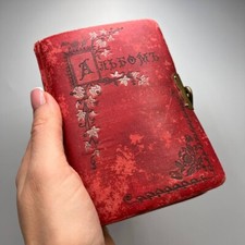 1910's Antique Collectible Memory Pocket Photo Album Red Velour & Bronze Clasp