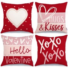 Valentine's Day Throw Pillow Covers 18 x 18 Inch Set of 4 Red Heart XOXO Stri...