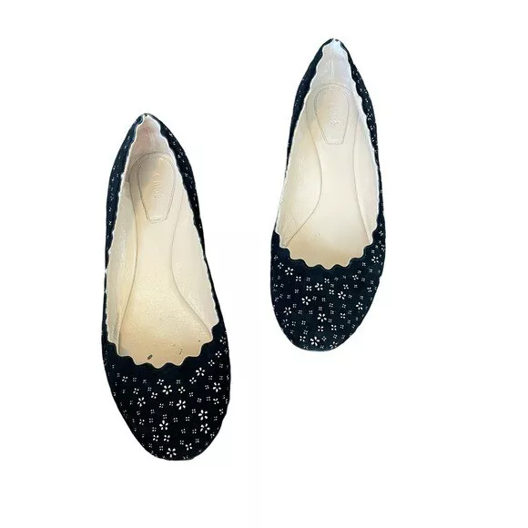 Chloe Lauren Flower Studded Scalloped Flats Black Suede 36.5 6