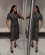 ZARA WOMAN NWT 129 STRUCTURED MIDI DRESS ZW COLLECTION GRAY/NATURAL 9770/652