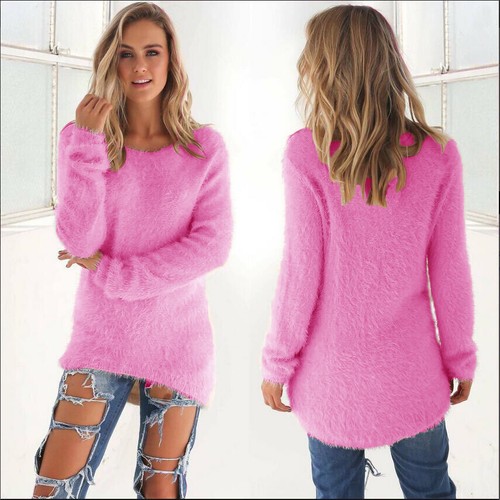 Casual Long Pullover Tops Womens Winter Warm Fluffy Plain Sweater Jumper Ladies