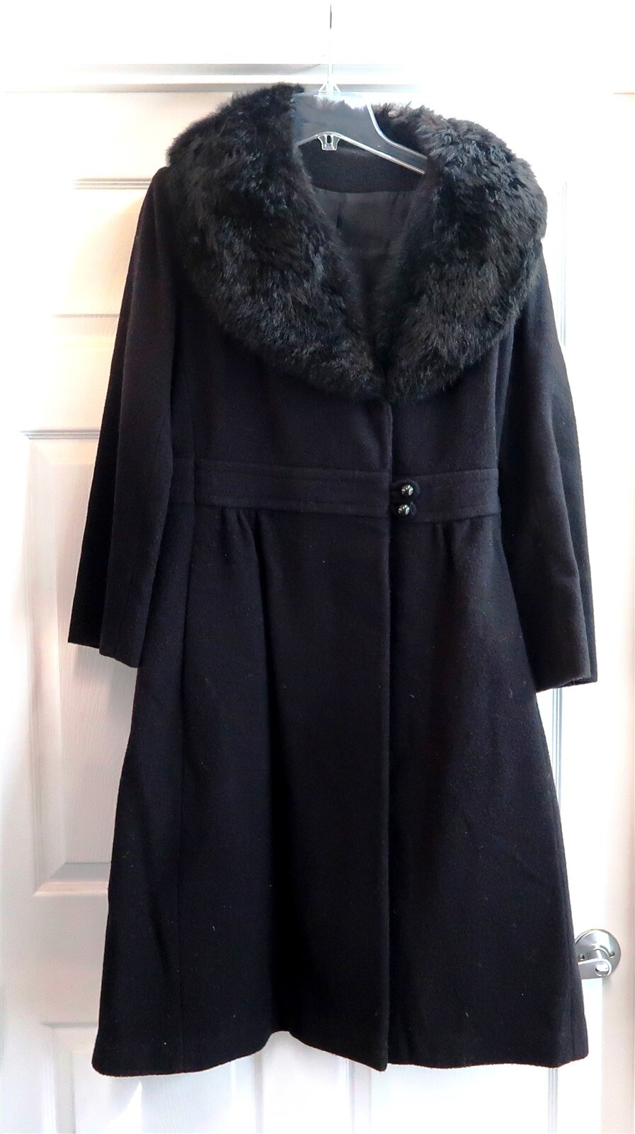 Vintage Black Wool Womans Trench Coat Large Full Length Mob Wife Made in USA