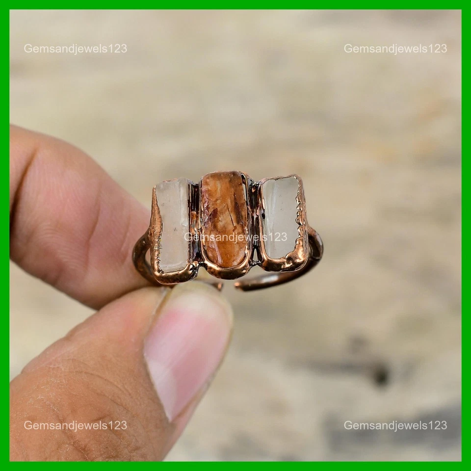 Сияющий сердолик необработанный драгоценный камень медь электроформа жена обещание кольцо ювелирные изделия - Изображение 3 из 4