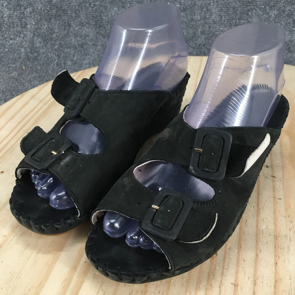 Sandalias La Plume para mujer 38 Jen cuña hebilla correa sin cordones cuero negro cosido Foto 3 de 4