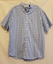 IZOD Shirt Men's Large Collared Blue Plaid Short Sleeve Button Down
