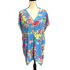 Karlie Women's Dress Tunic Sz Medium Blue Pink Floral V-Neck Short Sleeves Lined