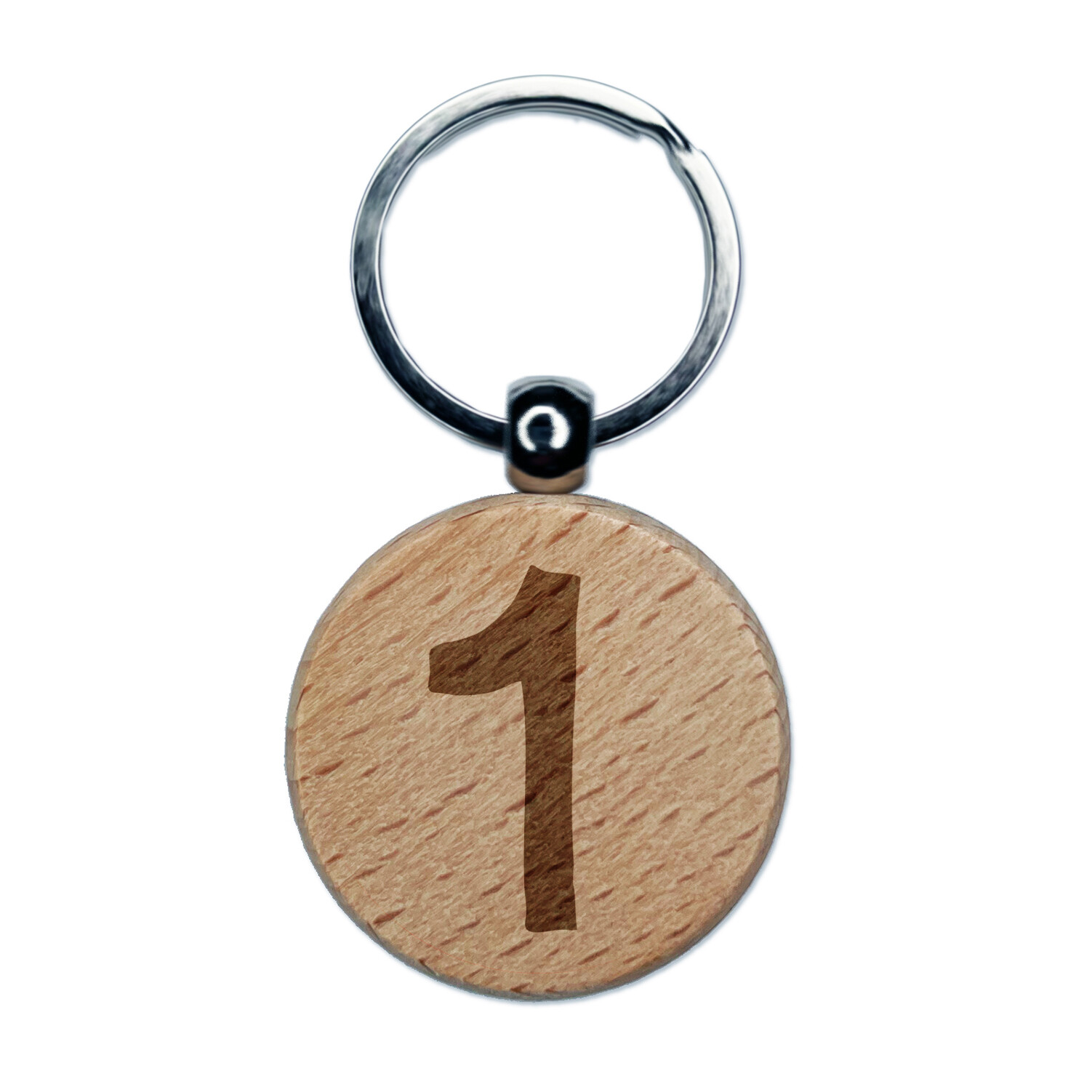 Number 1 One Cute Typewriter Font Engraved Wood Round Keychain Tag Charm