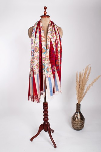 Cashmere Red White Stripes Artistic Handloomed Bold Kani Pashmina Shawl - Picture 7 of 9