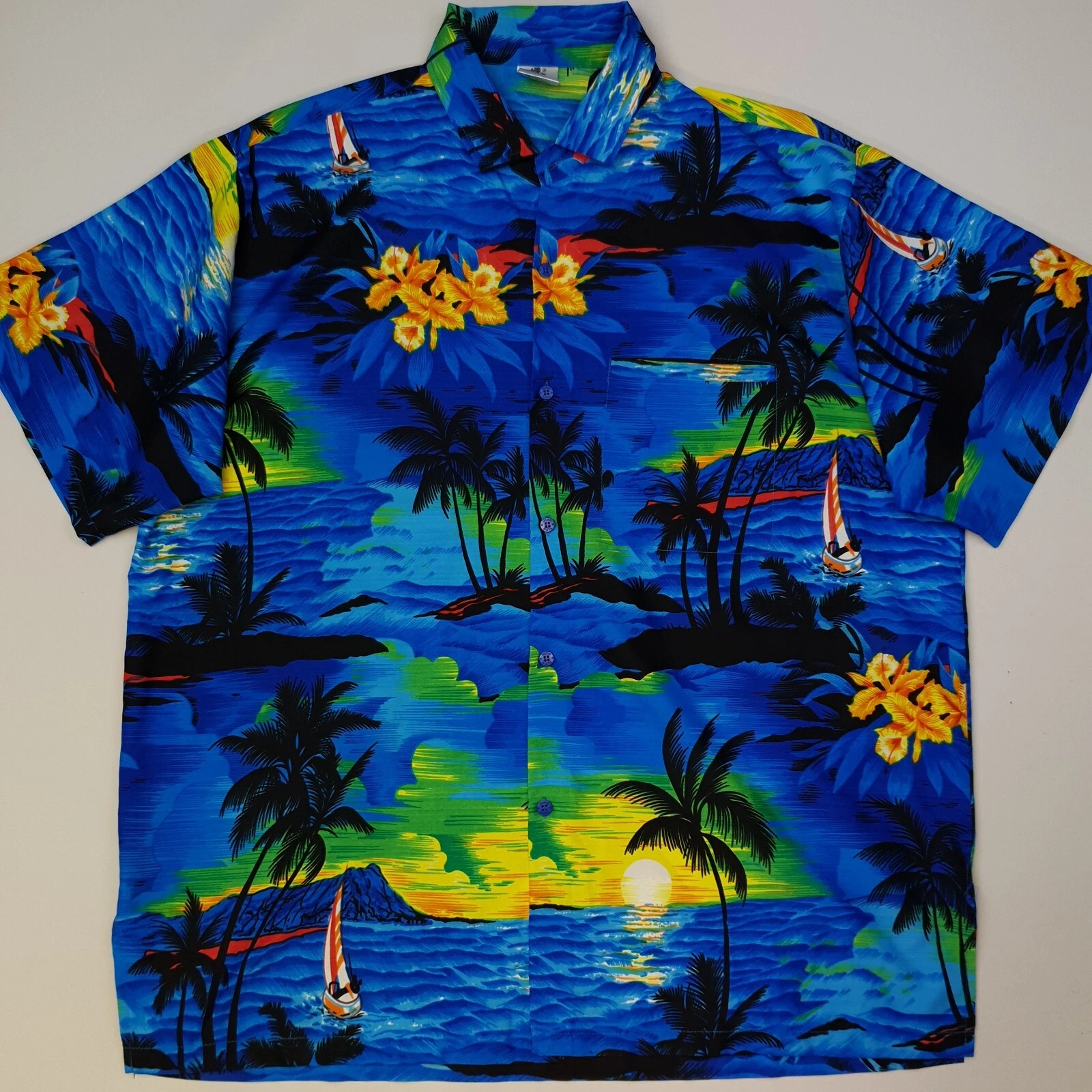 Hawaiian Shirt Hula LARGE Relaxed Fit Blue Mens Short Sleeve Beach Holiday