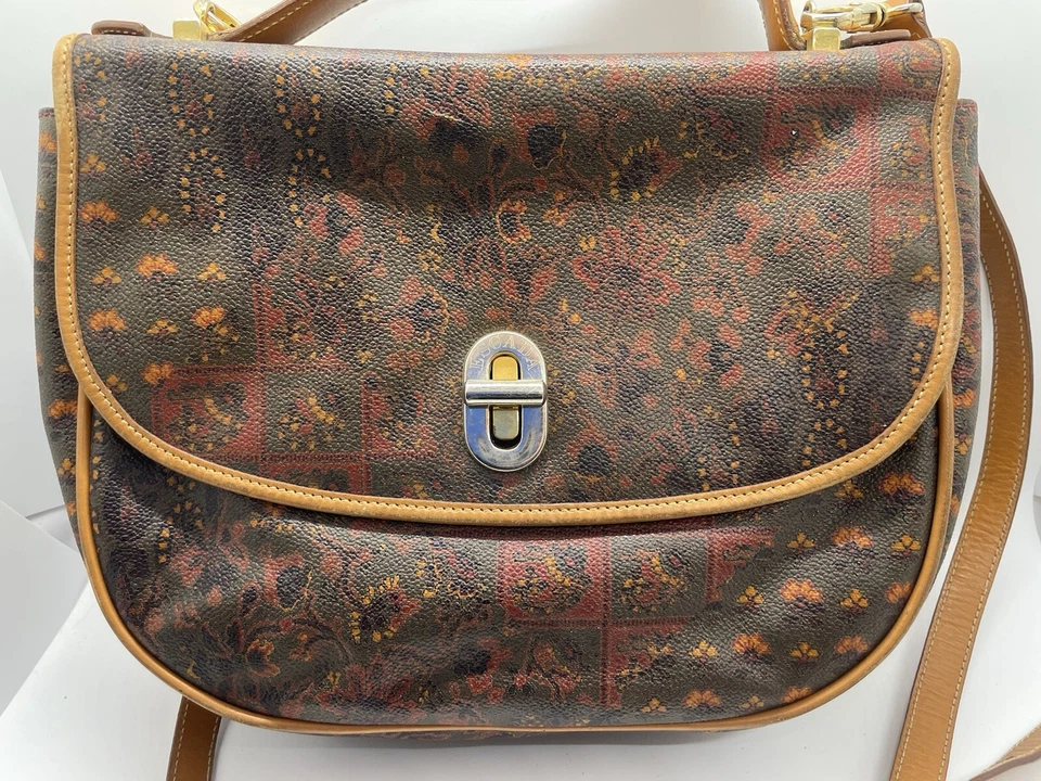 Bandolera Escada Marrón Retazos Cachemira Boho Alforja Cartera Cuero Recubierto De Colección Foto 2 de 4