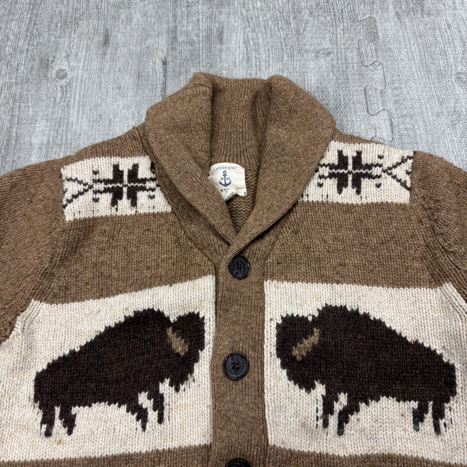 LANDS END NIÑOS BÚFALO BISONTE TEJIDO PESCADOR SUÉTER CÁRDIGAN MARRÓN MARFIL TALLA S 8 Foto 2 de 4
