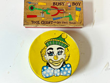 Vintage Busy Boy Tool ChesT   VINTAGE ROUND CLOWN TIN