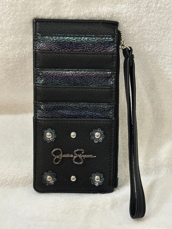 Jessica Simpson ~ Black Leather Card Wallet Wristlet Strap ~ Zippered Pocket NEW - Image 2 of 4