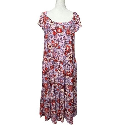 Knox Rose Midi Dress Large Red Purple Floral Scoop Neck Short Sleeve Tiered