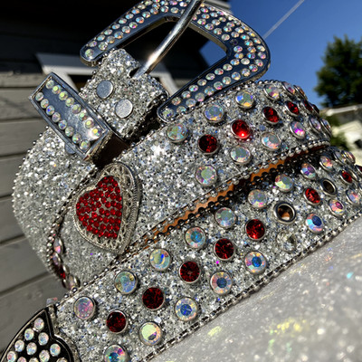*NEW* Y2K WESTERN HEARTS SILVER STUDDED GLITTER RHINESTONE PUNK BB BELT *RARE*