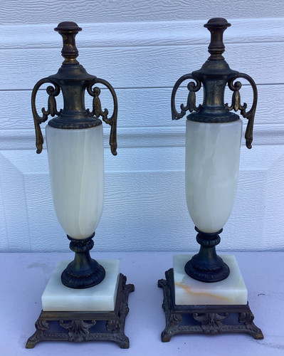 Vintage Pair of Neoclassical Alabaster & Bronze Urns Garnitures 14" Tall