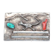 Vintage Navajo sterling silver turquoise/branch coral roadrunner belt buckle