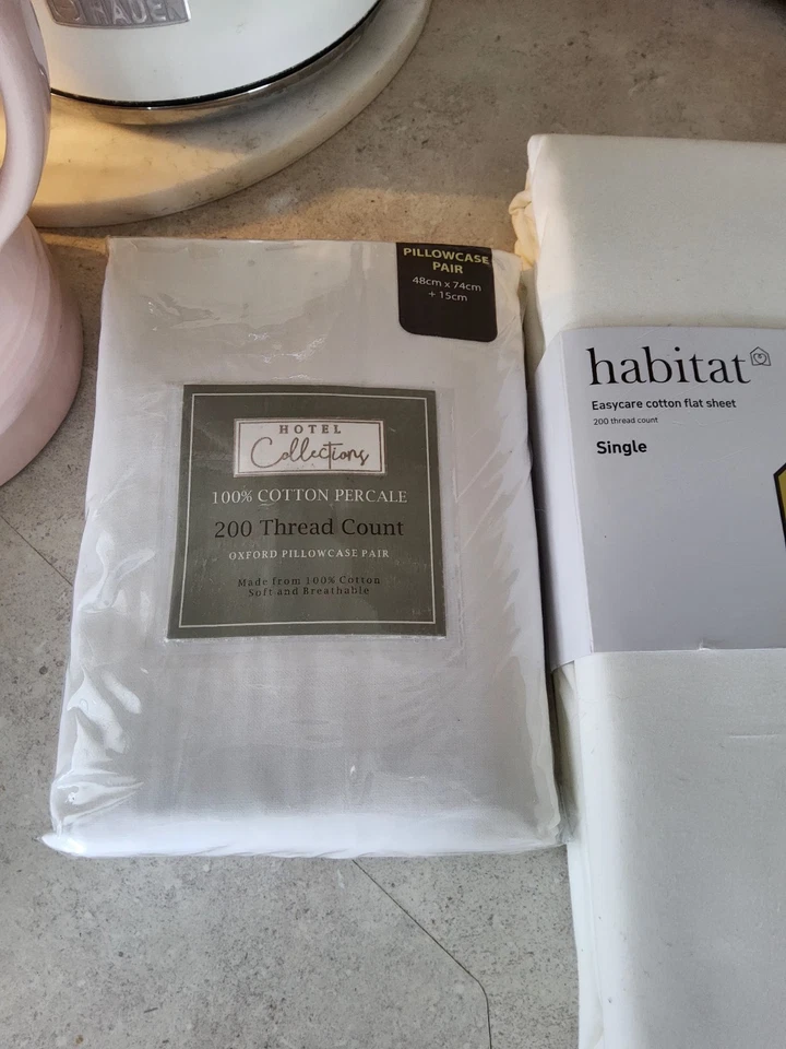 Sábana bajera blanca plana individual Habitat y par de 2 fundas de almohada blancas de hotel nuevas ver fotos Foto 2 de 4