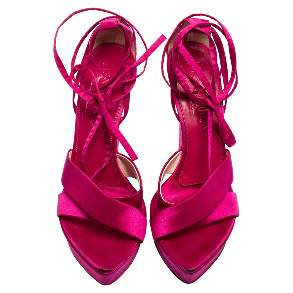 Sandali alla caviglia rosa raso zeppa Saint Laurent taglia 36