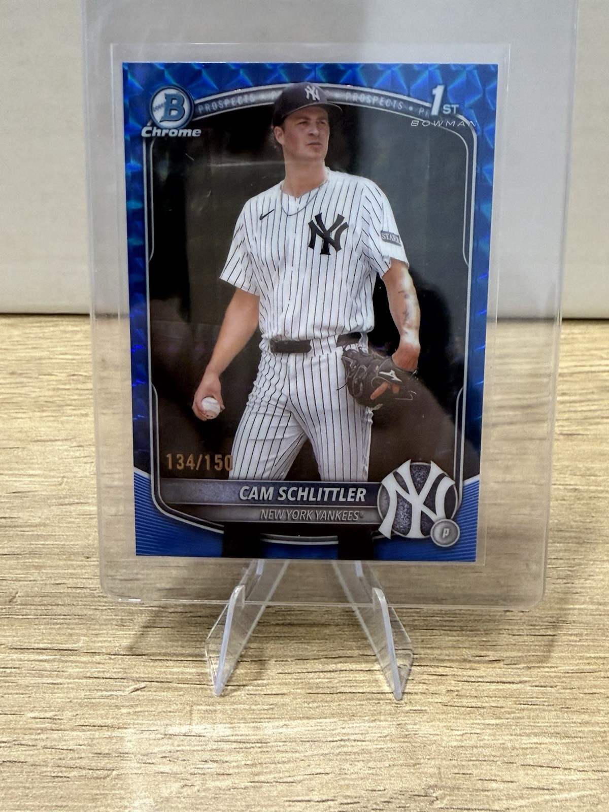 2025 Bowman Chrome Prospects Cam Schlittler Blue Geometric /150 1st Bowman