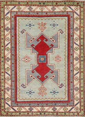 Handmade Green Wool Accent Rug 4x5 Super Kazak Geometric Oriental Foyer Carpet