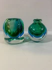 Vintage Flavio Poli MCM Sommerso Green Blue Faceted Murano Art Glass Vases