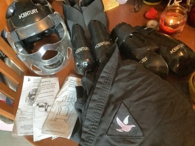 Century Karate Uniform Black Size 4,Gloves, Headgear, Boots Plus Belts