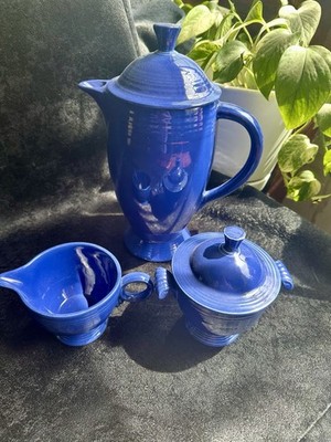 VINTAGE Fiesta Blue Coffee Pot Finial Lid Creamer & Sugar Set HLC 1936-'51 MINT!