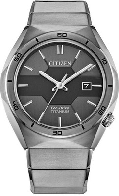 Citizen Eco-Drive Men's Titanium Watch Gray Geometric Dial Date Silver Bracelet