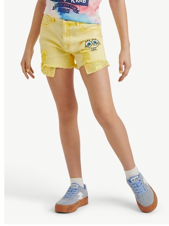 SpongeBob Girls Justice Yellow Sequin Denim Shorts Size 12 NWT